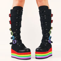 Female Motorcycle Boots Canvas Platform Wedges With Buckle 2021 INS Hot Sale Mid-Calf Cool Fashion Women Boots Shoes