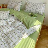 Green Fashion Bedding Set White Double Bed Linens Nordic Duvet Cover Pillowcase Queen Size Kids Winter Flat Sheet Classic Grid