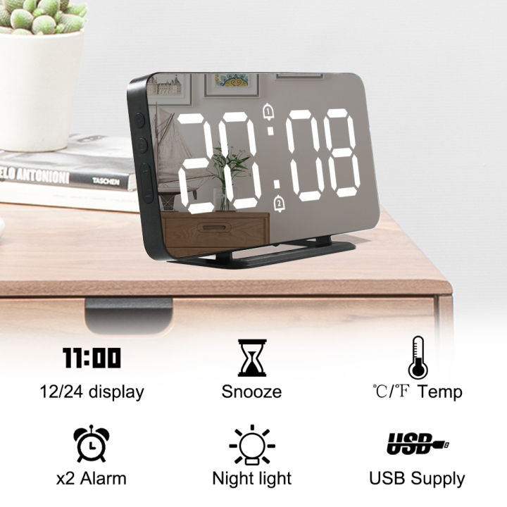 worth-buy-กระจกเครื่องชาร์จ-usb-สำหรับตั้งโต๊ะแสดงเวลากลางคืนแบบ-led-แสดงเวลานาฬิกาปลุกสนู๊ซนาฬิกาปลุกแอลอีดีดิจิทัล-ios-androd-นาฬิกาปลุกโทรศัพท์