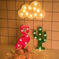 ♣ Decorative Night Light Cactus Flamingo Lamps Kids Room Bedroom Desk Lamp AA Battery Powered for Wall Decor Festive Lights Gift