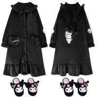 Sanrio Clothes Kuromi Pajamas Female Winter Anime Plush Flannel Nightgown Cartoon Girls Home Floor Kawaii Warm Cotton Slippers