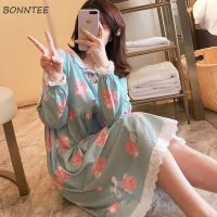 【 WYIN kitchen】 Nightgowns Women Printed Casual Long Sleeve Students Lace Sleepwear Night Gowns Sweet Kawaii Korean Style Loose XXL Nightwear BF