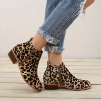 Plus Size Womens Autumn Flat Zipper Ankle Boots Fashion R Leopard Print Leather Boots Outdoor Leisure and Comfortable Work Boots