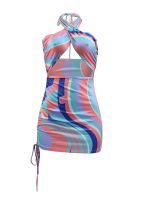 Women s Sexy Bodycon Backless Hollow Dress Striped Color Block Tie-up Sleeveless Mini Dress for Cocktail