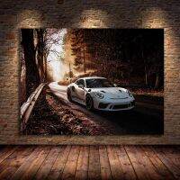 ได้เลย ●☂ซูเปอร์คาร์911 GT3ที่ทันสมัย RS ศิลปะบนผนังภาพวาดผ้าใบสีขาวรถภาพป่าพิมพ์การตกแต่งรถยนต์สำหรับห้องนั่งเล่นไม่มีกรอบ