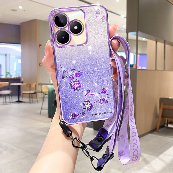 เคสเคลือบอิเล็คโทรเพลทใหม่สำหรับ-realmec51-2023แฟชั่นดอกไม้แวววาวไล่ระดับสีกุหลาบนิรันดร์กับกรณีสายคาดที่คล้อง-realme-c51-c53-c55-c33-nfc-c30-c30s-c35-c25y-c21y-c25ฝาครอบ-c25s-realme-nfc