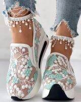 Womens Sneakers Floral Embroidery Mesh Sneakers For Women Slip On Casual Comfy Heeled Shoes Woman