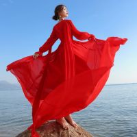 Sanya desert tourism clothes than fairy big red struck trailing dress elegant seaside holiday beach dress female