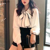 Woherb Women Long Sleeve Shirts White Blouses Vintage Korean 2022 Spring Sweet Bow Loose Ladies Blouse Office Lady Sweet 92066