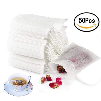 ถุงกรองชาแบบใช้แล้วทิ้ง50ชิ้น,ถุงใส่ชาแบบมีเชือกผูกทำจากผ้าฝ้ายเปล่าทรงหลวม