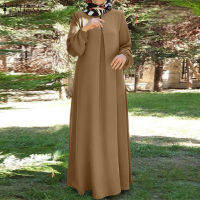 HijabFab ZANZEA ชุดเดรสอิสลาม ผู้หญิงมุสลิม Abaya Kaftans Maxi เดรสแขนยาวคอกลมธรรมดา A-Line Sundress