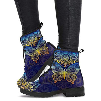 Boots Womens Autumn Winter New  British Fashion Womens Tooling Ankle Boots Flower Print PU Women Boots Ladies Plus Size 46
