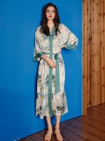 geegostudio Landscape Pattern Night Robe, Long Sleeve V Neck House Robe With Belt, Womens Sleepwear