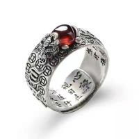 S925 pure silver ring for men and women with pomegranate red lucky the mythical wild animal and spittor copper heart sutra six words opening ring —D0517