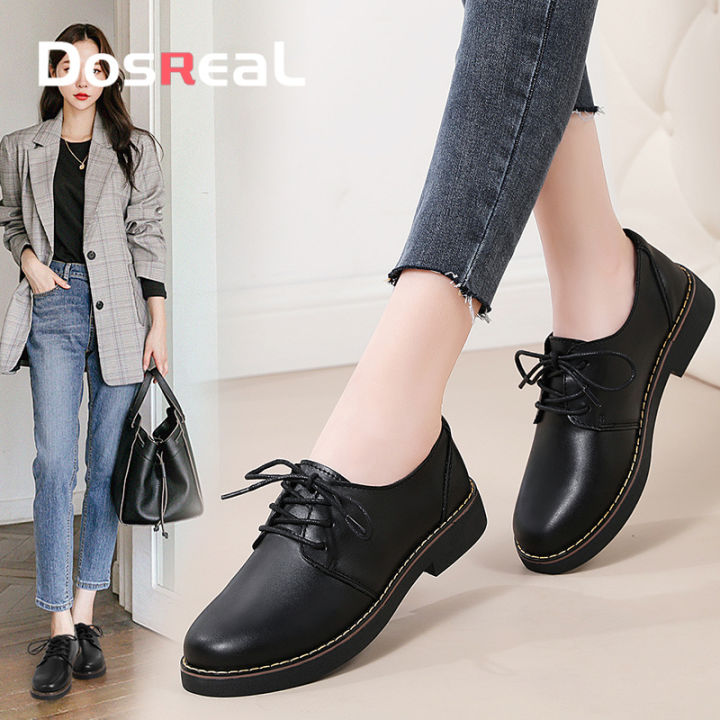 Dosreal Leather Shoes For Women On Sale Korean Lace Up Fshion Black Oxford For Ladies Work 5751