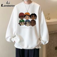 Lansboter เสื้อกีฬาคอกลมฮิปฮอปขยายพิมพ์ลายวินเทจของผู้ชายเสื้อฮูดมีคอลำลองหลวม