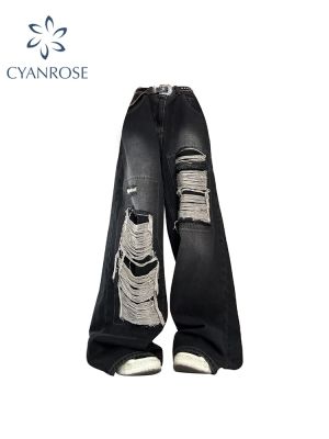 กางเกงยีนส์ขาบานกางเกงแบบขาดๆลำลองสไตล์ฮาราจูกุแนวสตรีท Y2k MODE Korea เอวสูงแบบวินเทจกางเกงยีนส์สีดำแบบกอธิคของผู้หญิง