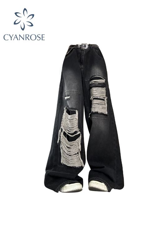 กางเกงยีนส์ขาบานกางเกงแบบขาดๆลำลองสไตล์ฮาราจูกุแนวสตรีท-y2k-mode-korea-เอวสูงแบบวินเทจกางเกงยีนส์สีดำแบบกอธิคของผู้หญิง