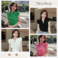 Mira_shop เสื้อครอปคอปก มินิมอลทรงเกาหลี เสื้อครอป เสื้อเอวลอย 22048#