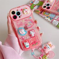 【สายคล้องโทรศัพท์】 Sanrio Hello Kitty 3D การ์ตูนพร้อมจี้กระจกเงาโต๊ะเครื่องแป้งเคสโทรศัพท์สำหรับ IPhone 14 13 12 11 Pro Max X XR XS ปกสูงสุด Y2k เด็กผู้หญิง