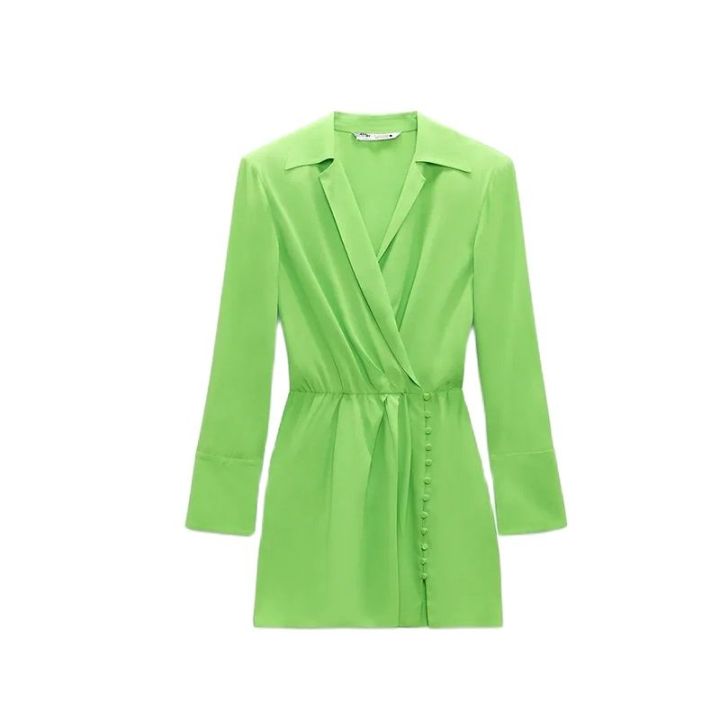 2021TRAF Draped Za Women 2021 Green Sexy V NeckWith Pads Pleated Cozy Mini Shirt Dress Long Sleeve Side Buttons Female Dresses Mujer