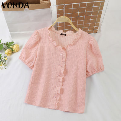 (จัดส่งฟรี)Fancystyle VONDA เสื้อจับจีบติดกระดุมผู้หญิงแฟชั่นเสื้ออเนกประสงค์แขนพองเสื้อสีทึบ #2