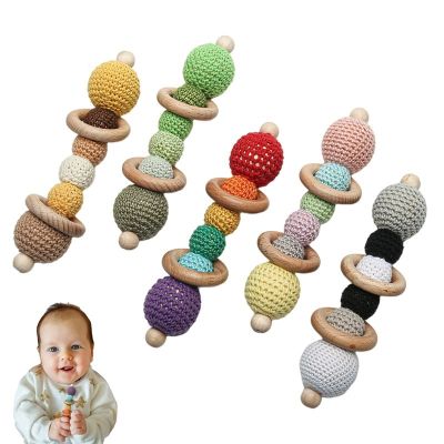 1PC Baby Crochet Wooden Rattle Bead Wood Double Circle Rattles BPA Free Baby Toys Handmade Beaded Baby Teether Toy Gifts
