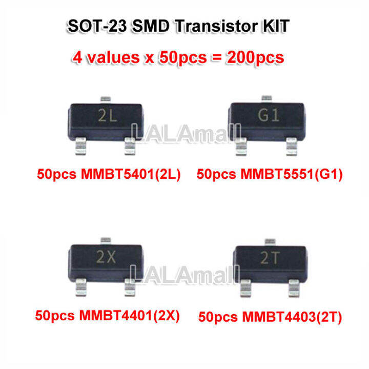 200pcs SOT23 SMD Transistor KIT 4kinds each 50pcs MMBT5401 2L MMBT5551 G1 MMBT4401 2X MMBT4403