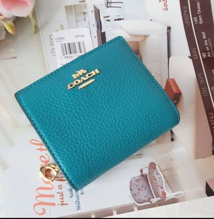 Original Coach Snap Wallet In Refined Pebble Leather C2862 - Teal | Lazada  PH