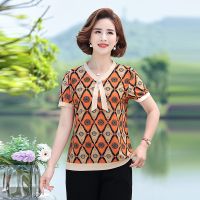 2022 summer new printing elderly mother shirt female bowknot joker small unlined upper garment of temperament show thin coat