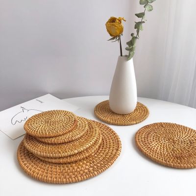 【CW】 Rattan Table Mats Round  Placemat for Office Cup Woven Insulation Coasters Dinner