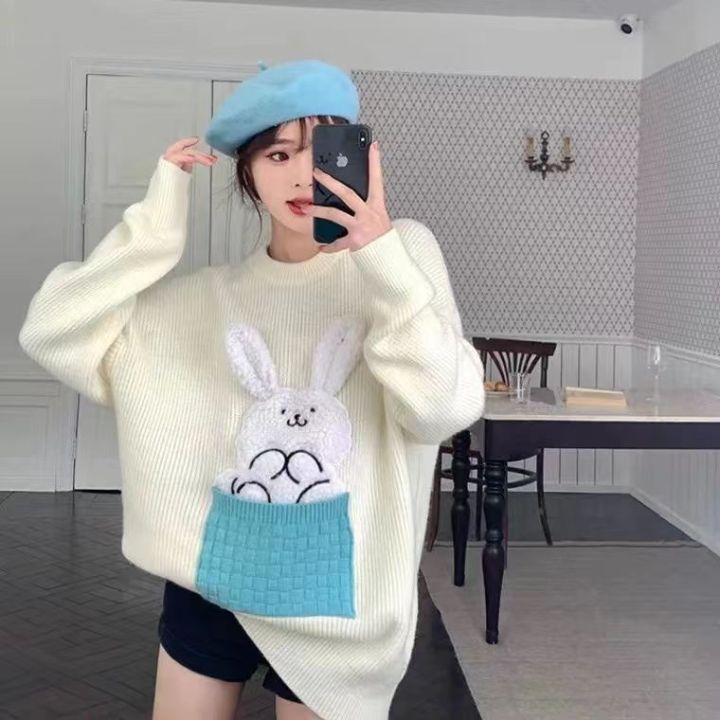 2022ใหม่3d-กระต่ายเสื้อกันหนาวเสื้อญี่ปุ่นหลวมเสื้อถักอเนกประสงค์ย้อนยุครอบคอฤดูใบไม้ร่วงฤดูหนาวด้านบนผู้หญิง