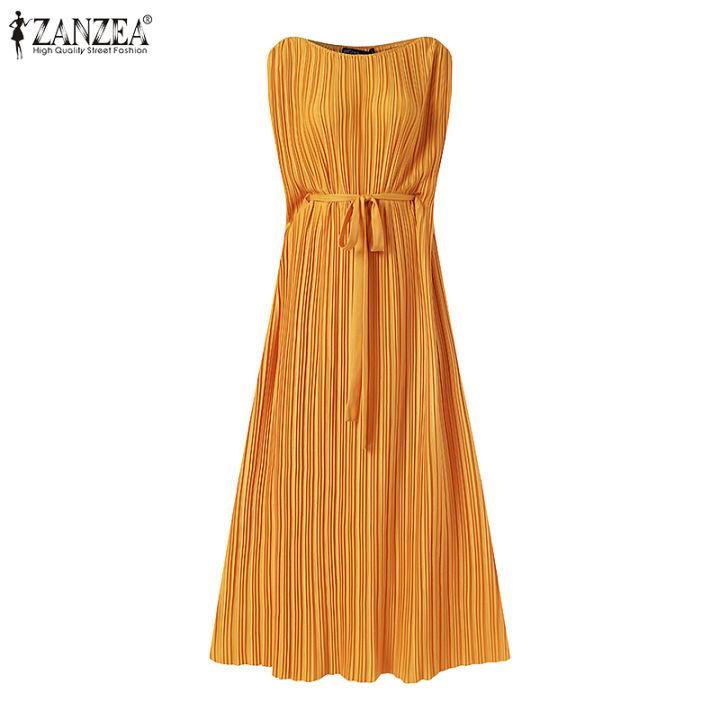 จัดส่งฟรี-fancystyle-zanzea-ชุดเดรสอัดพลีทฤดูร้อนสำหรับผู้หญิงชุดแม็กซี่เดรสยาวหลวมสีพื้นแขนกุด-2