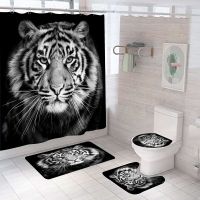 Black White Tiger Shower Curtain Set With 12 Hooks Wild Animals Bath Curtains Non Slip Bathroom Decor Rug Mats Toilet Lid Covers