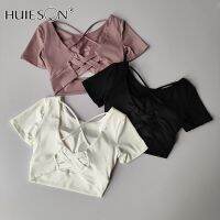 【Huieson】ชุดโยคะเสื้อรัดหน้าอกแขนสั้นสำหรับผู้หญิงแขนสั้นเสื้อวิ่งฟิตเนสเสื้อวิ่งติดกระดุมหน้าท้อง