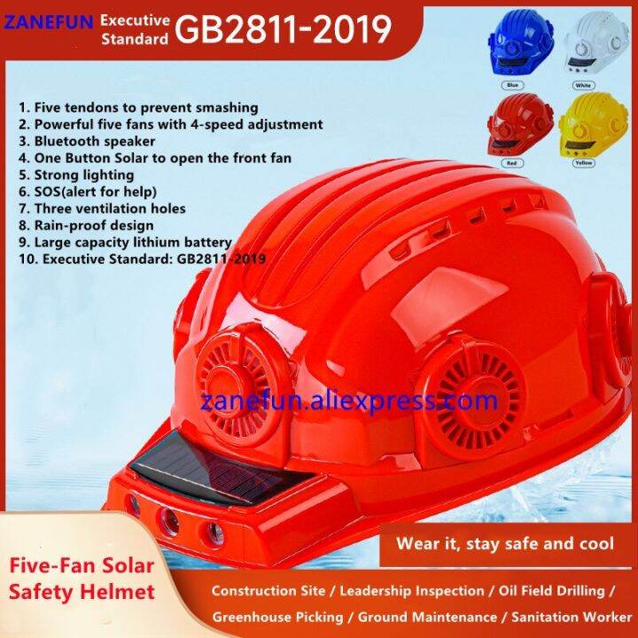 Solar FiveFan Safety Helmet With Bluetooth LED Light SOS 16000mA