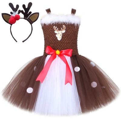 Animal Bambi Costumes for Girls Christmas Deer Tutu Dress for Kids Birthday Halloween Outfit Children Purim Festival Clothes Set