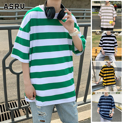 ASRV เสื้อยืดผู้ชาย เสื้อผ้าผู้ชาย t shirt for men เสื้อทีเชิ้ตแขนสั้นลายทางกว้าง Ins,เสื้อยืดผู้ชายบางแขน3/4ทรงหลวมลำลอง