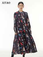 XITAO Dress Loose Fashion Print Splicing Big Hem Long Sleeve Dress