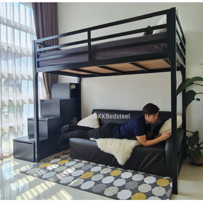 เตียง2ชั้น เตียงล่างโล่ง ขนาด 3.5 ฟุต บันไดเดินขึ้นแบบมีลิ้นชักเก็ยของ เตียงมีสีดำและสีขาวให้เลือก