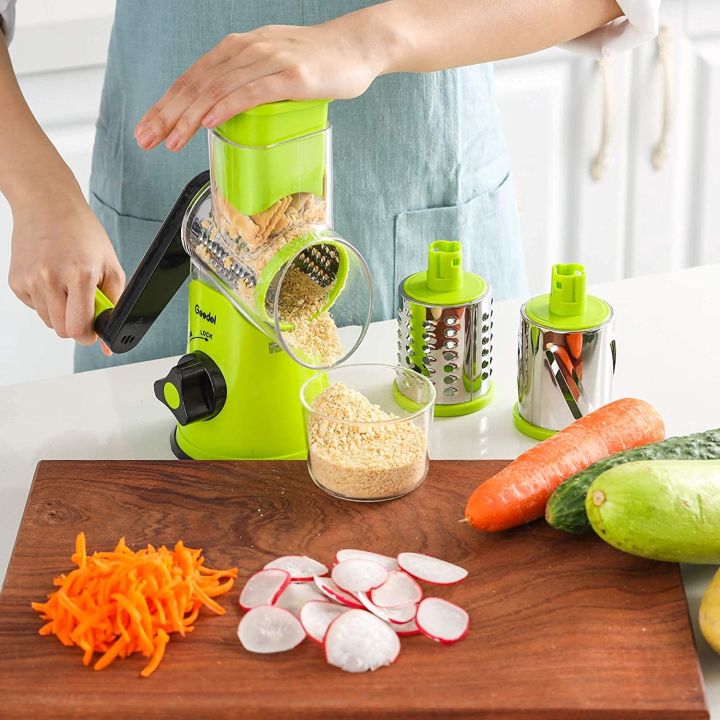 Rotary Cheese Grater, Kitchen Mandoline Vegetable Slicer with 3  Interchangeable Blades, Easy to Clean Rotary Grater Slicer for Fruit,  Vegetables, Nuts 