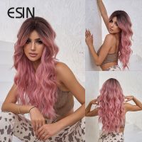 ESIN Synthetic Long Ombre Top Black to Pink Color Water Wavy Wigs for Women Cosplay Party Natural Daily Wigs Heat Resistant