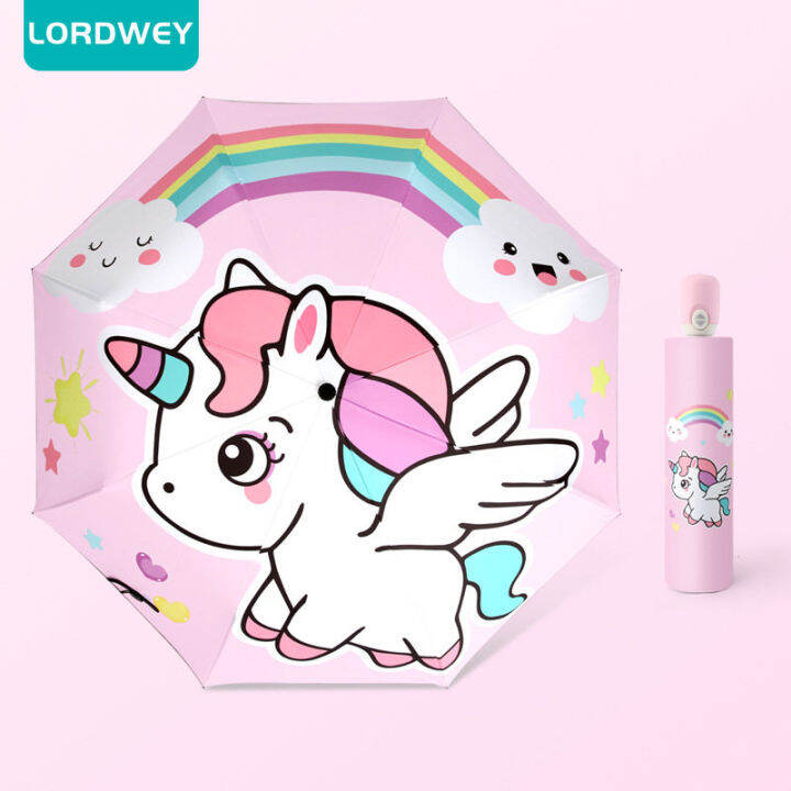 lordwey-ร่มกันลมอัตโนมัติสำหรับเด็ก-ร่มกันฝนยูนิคอร์นร่มป้องกันรังสี-uv-เคลือบสีดำ