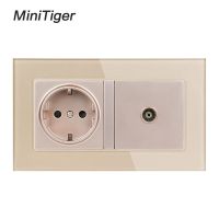 【User-friendly】 Minitiger สีขาวหรูหราแผงกระจก2แก๊งผนังพลังงาน16A สหภาพยุโรปมาตรฐานไฟฟ้ากับหญิงทีวีแจ็คเต้าเสียบคู่146มิลลิเมตร * 86มิลลิเมตร