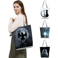 【Lanse store】New for 2022 Reusable Handbag Shopping Bags High Capacity Travel Shoulder Bag Moon Cat Print Cool Tote Fashion Ladies Portable