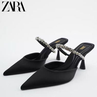 【high quality】original ZARAˉ Womens shoes 2022 summer new black satin shiny rhinestone stiletto high heel sandals women large size summer new style womens shoes slippers for women slides outside wear sandals for women