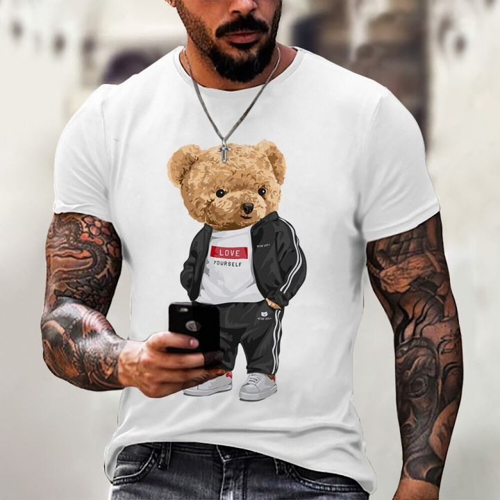casual-men-สนุกตุ๊กตาหมี-3d-พิมพ์เสื้อยืดคอสั้นแขนสั้นเสื้อยืดโพลีเอสเตอร์-top-street-trend-hip-hop-harajuku-ขนาดใหญ่