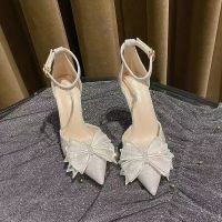 Nice French dress shoes female thin girl with 2023 new bow crystal pointed bridesmaid wedding shoes