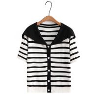 Plus Size Womens V-neck False Button White Black Summer Shirts Oversized Casual Knitted Striped Female Tops Fashion Slim Outerwear Top