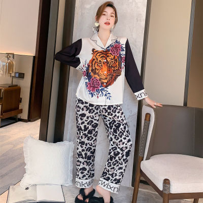 QSROCIO Womens Pajamas Set Cool Fashion Tiger and Rose Print Sleepwear Nightie Silk Like Home Clothes Nightwear Pyjamas Femme